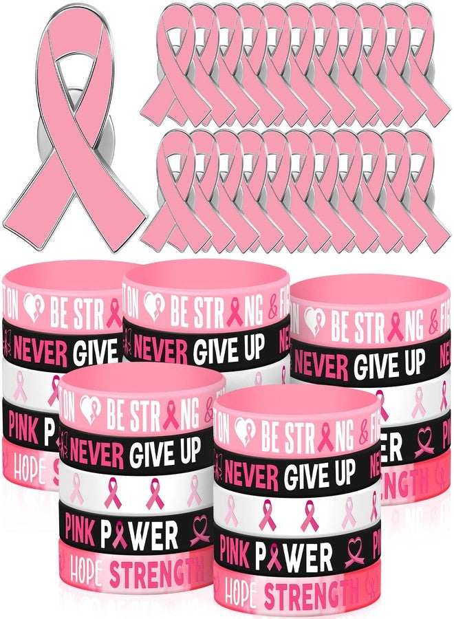 XunYee 160 Pcs Breast Cancer Awareness Bulk Items, 80 Breast Cancer Awareness Bracelet and 80 Breast Cancer Pins, Hope Faith Strength Courage Silicone Wristbands Accessories - Image 1